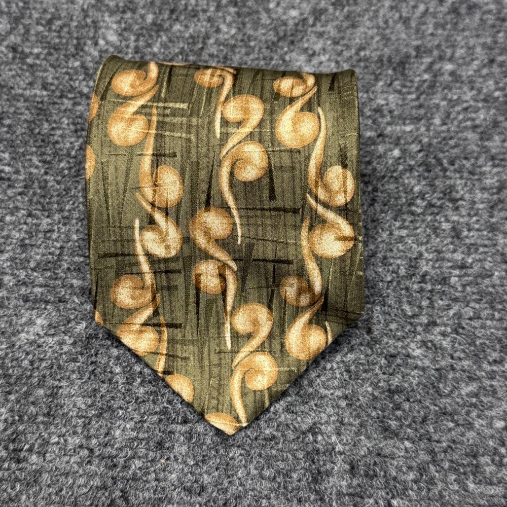 Structure Silk Tie Mens OS Olive Gold Swirl Abstract 90s Vintage Professional